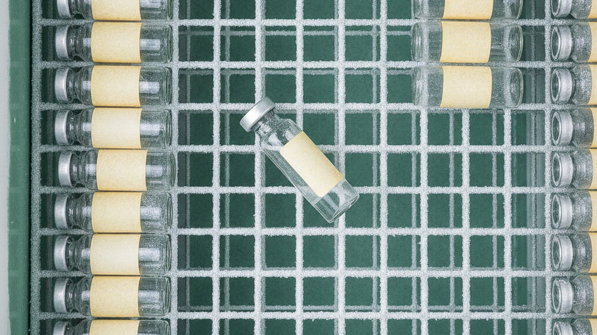 Vintage laboratory freezer shelf with labeled gallium trial sample vials from 1985