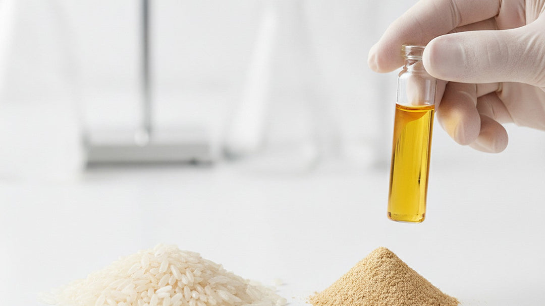 Rice bran powder and rice bran oil vial on laboratory bench