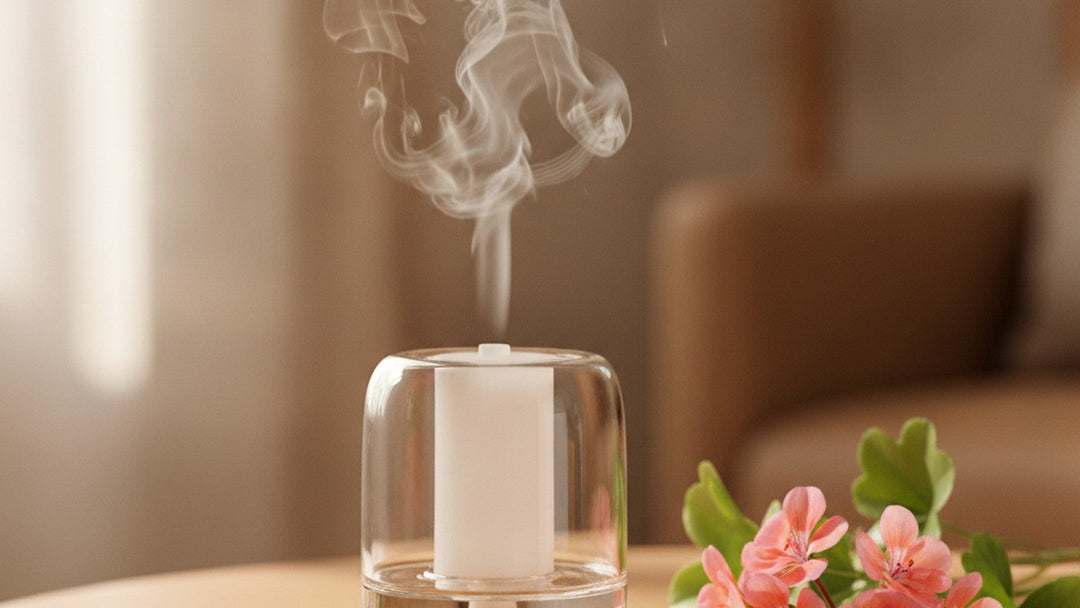 Glass diffuser with mist and pink geranium flowers on wooden table