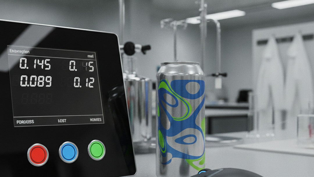 Reaction time test display next to energy drink can