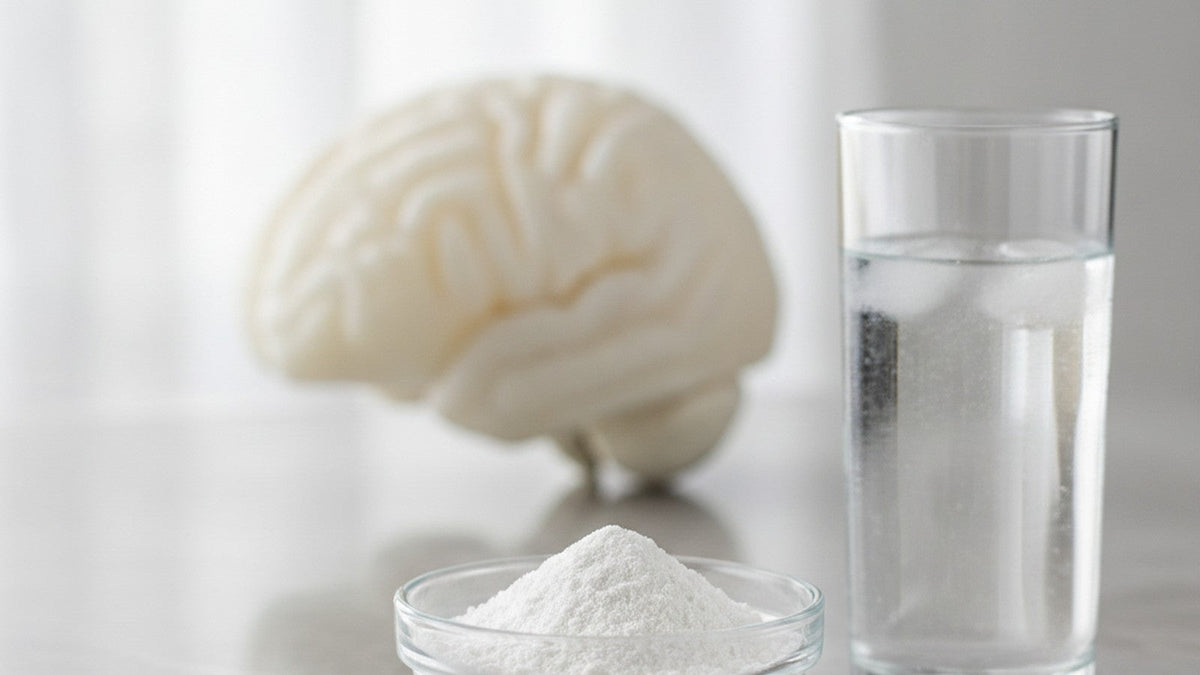 L-glutamic acid powder in glass bowl with water and brain model