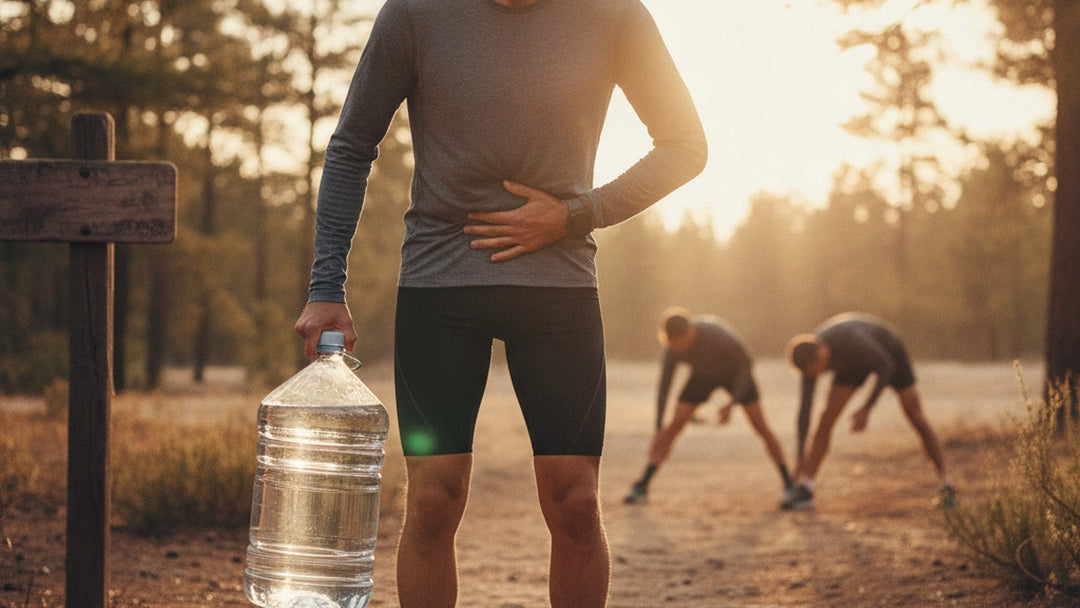 Runner holding water bottle and touching bloated stomach before race