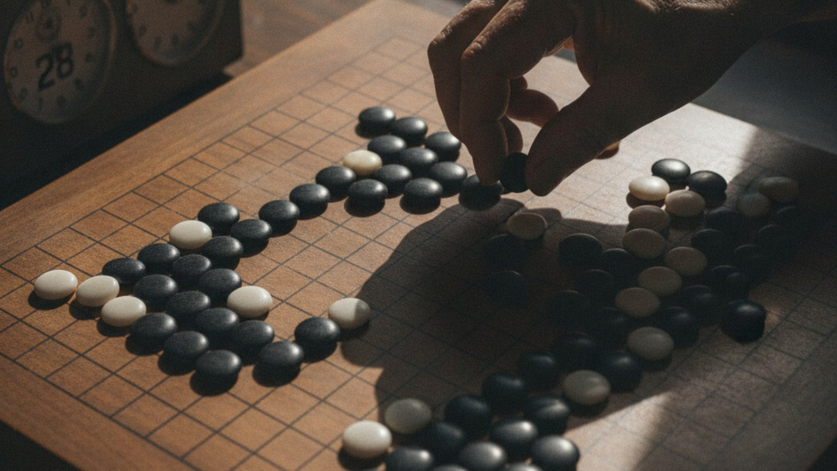 Hands placing go stone on wooden board with tournament clock showing 28 seconds
