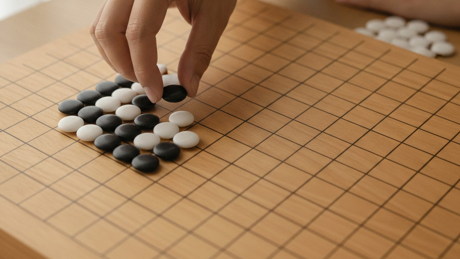 Hands placing go stones on wooden board showing corner pattern