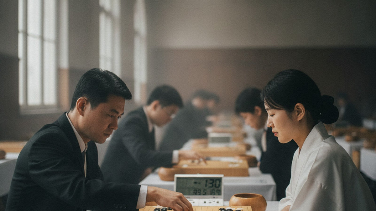 Professional go players during tournament match studying complex board position