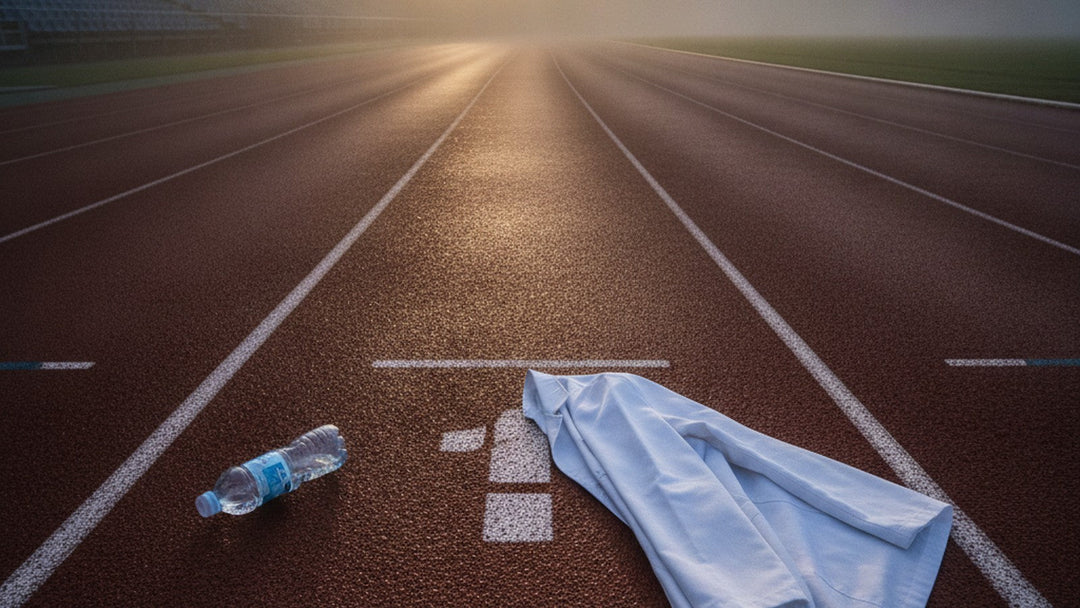 Empty running track at sunrise with lab coat on lane marker
