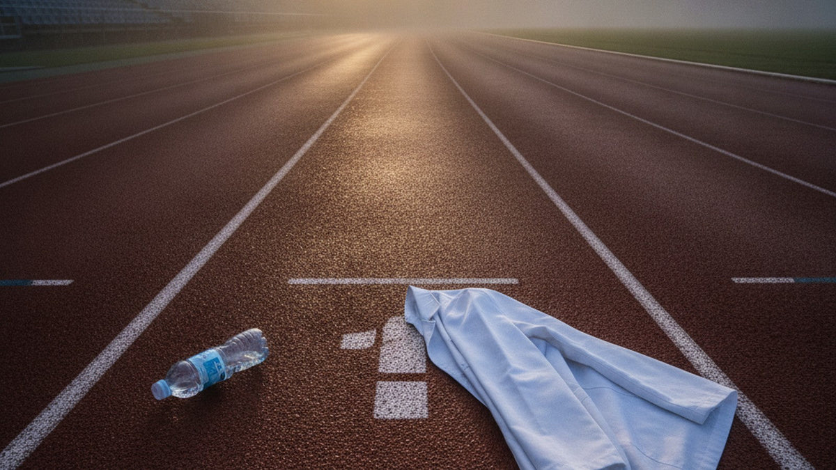 Empty running track at sunrise with lab coat on lane marker