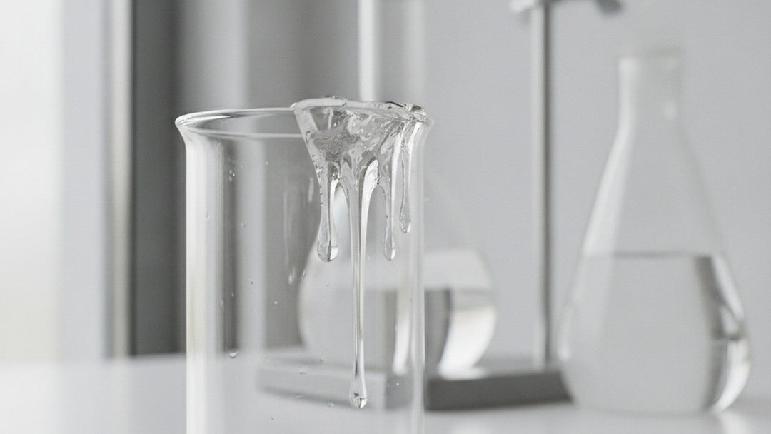 Thick gel sliding down the inside of a laboratory beaker