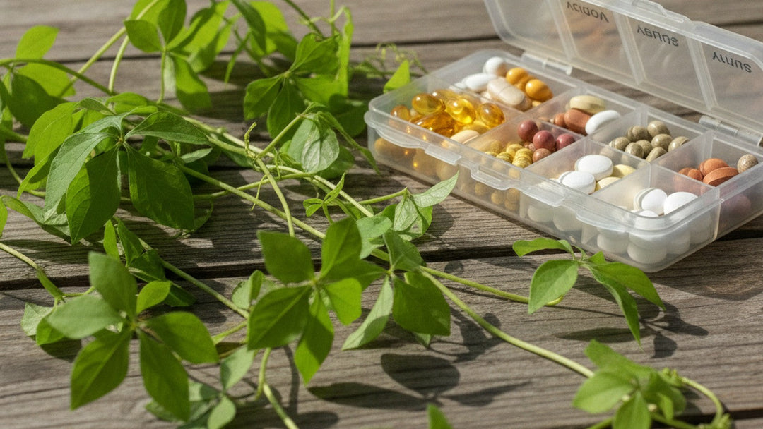 Fresh gynostemma vine leaves on table with supplement organizer
