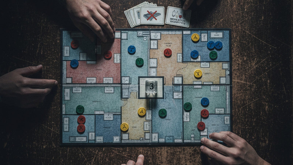 Overhead view of hospital simulation board game with patient tokens and resource cards