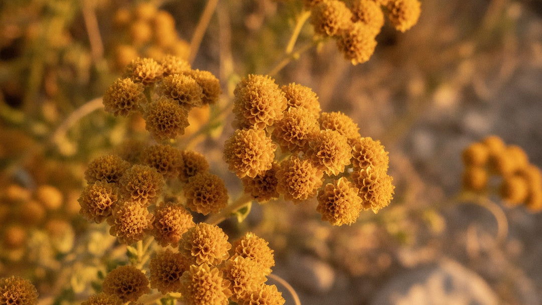 Golden helichrysum immortelle flowers blooming on Mediterranean hillside