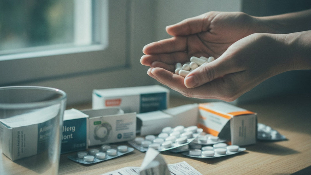 Hands holding supplement capsules above counter with allergy medications