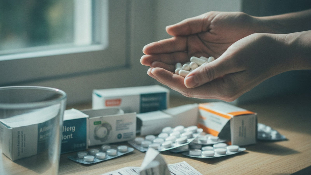 Hands holding supplement capsules above counter with allergy medications