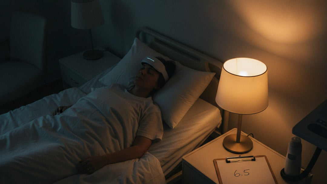 Person sleeping in clinical sleep study with monitoring equipment