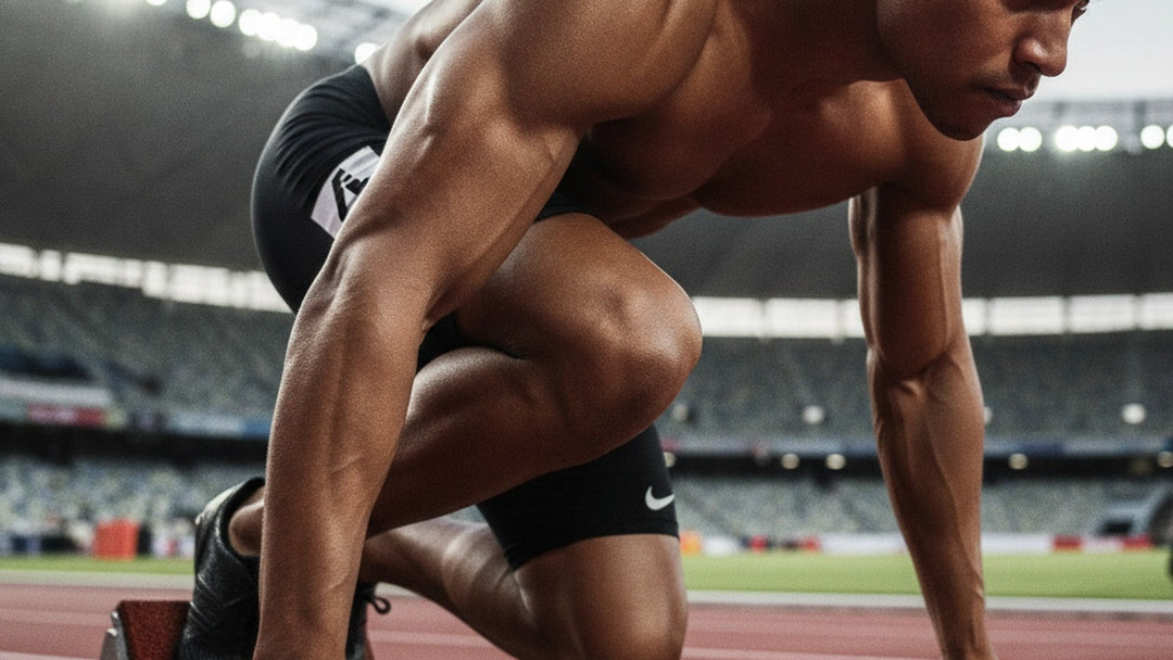 Male sprinter in starting blocks on red track