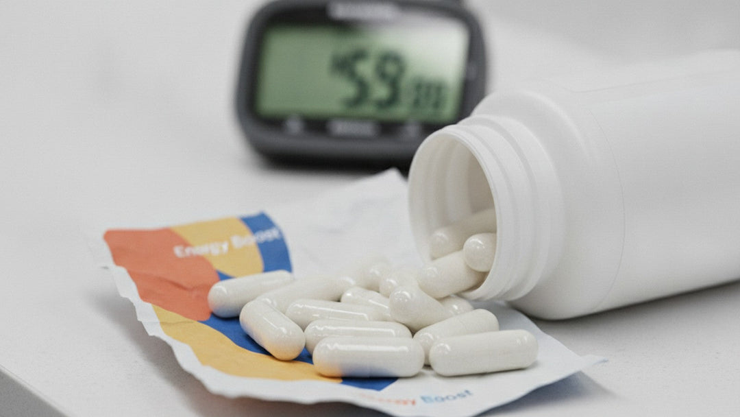 Supplement capsules spilled from bottle beside stopwatch on gym counter