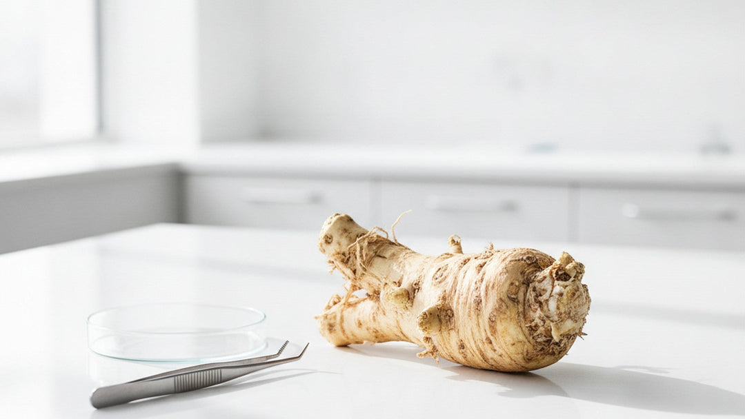Fresh horseradish root on laboratory counter with petri dish