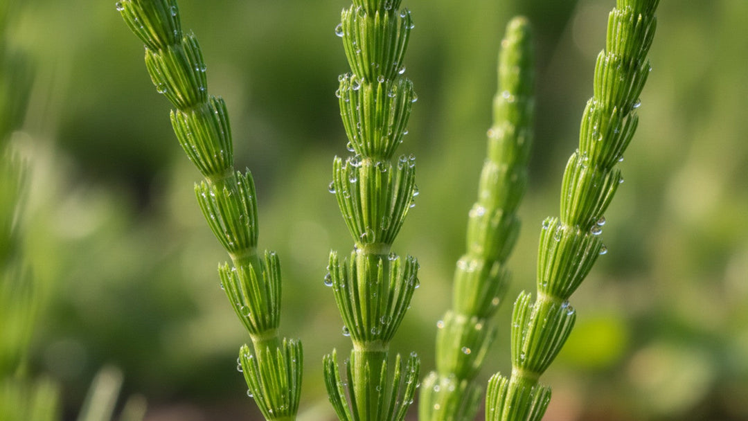 Fresh horsetail plant stems with morning dew