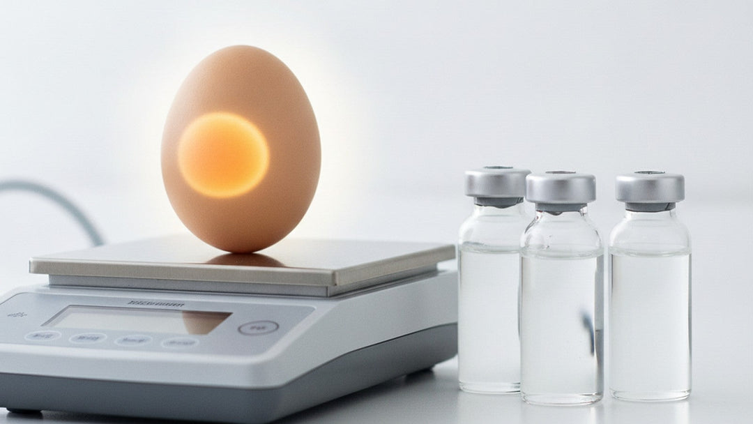 Brown chicken egg on laboratory scale with glass vials