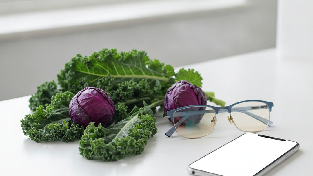 Kale and cabbage next to blue light glasses and smartphone on laboratory bench