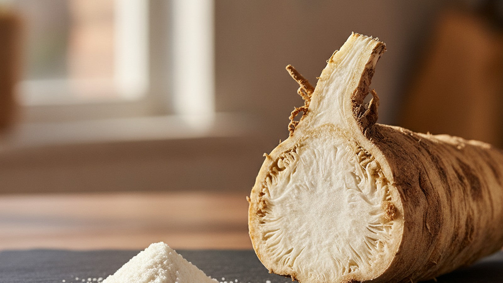 Cross-section of chicory root next to inulin powder