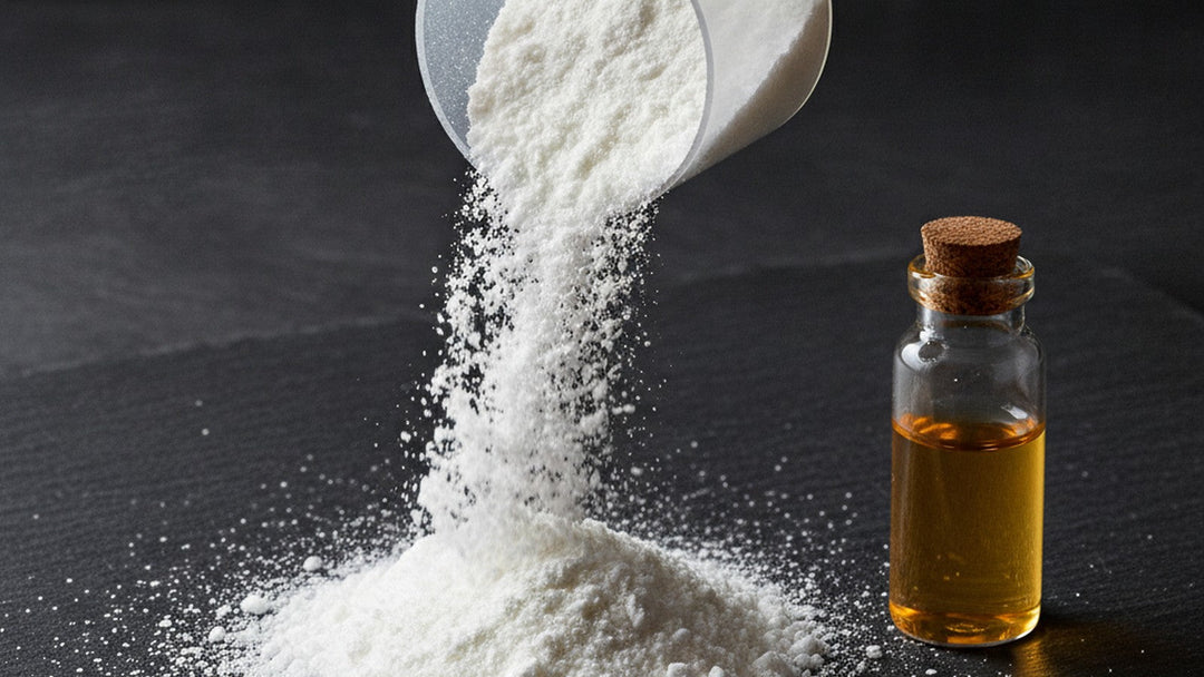 BCAA amino acid powder with supplement vial on dark surface