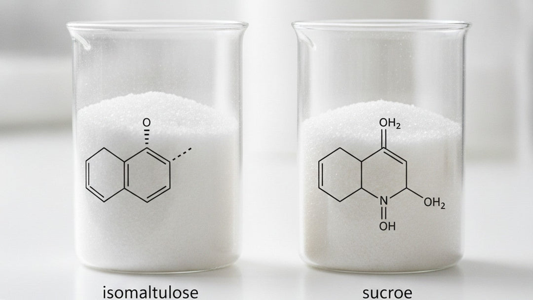 Two beakers of white crystalline sweetener side by side on laboratory counter