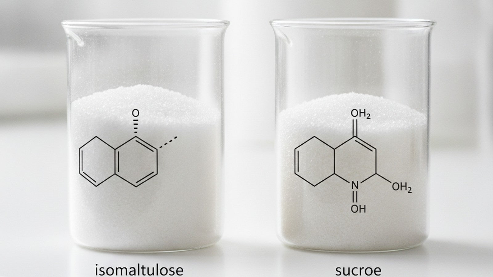 Two beakers of white crystalline sweetener side by side on laboratory counter