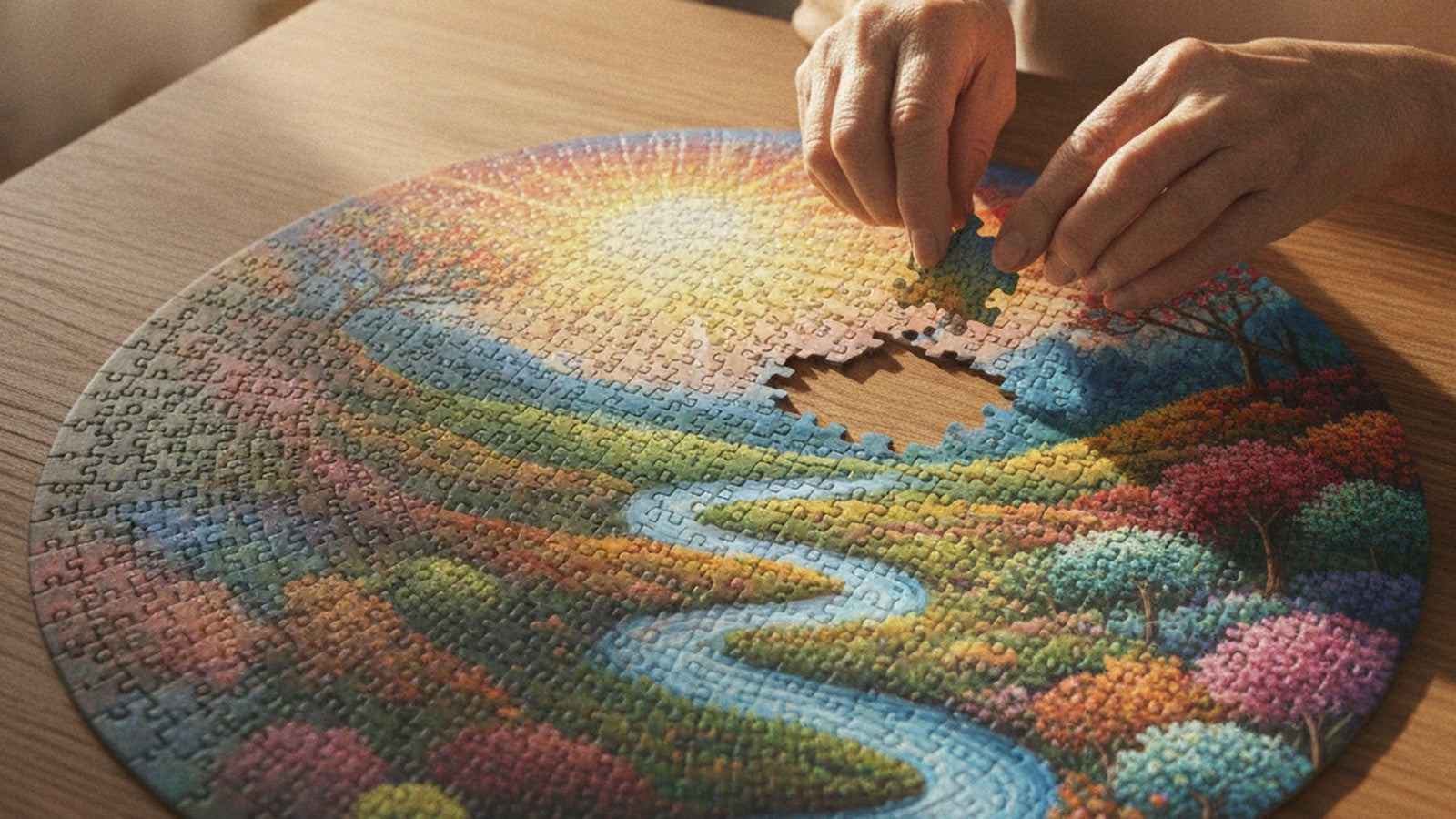 Hands placing final piece into completed jigsaw puzzle on table