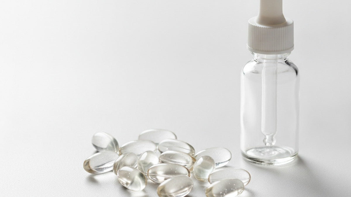 Clear gel capsules on white surface