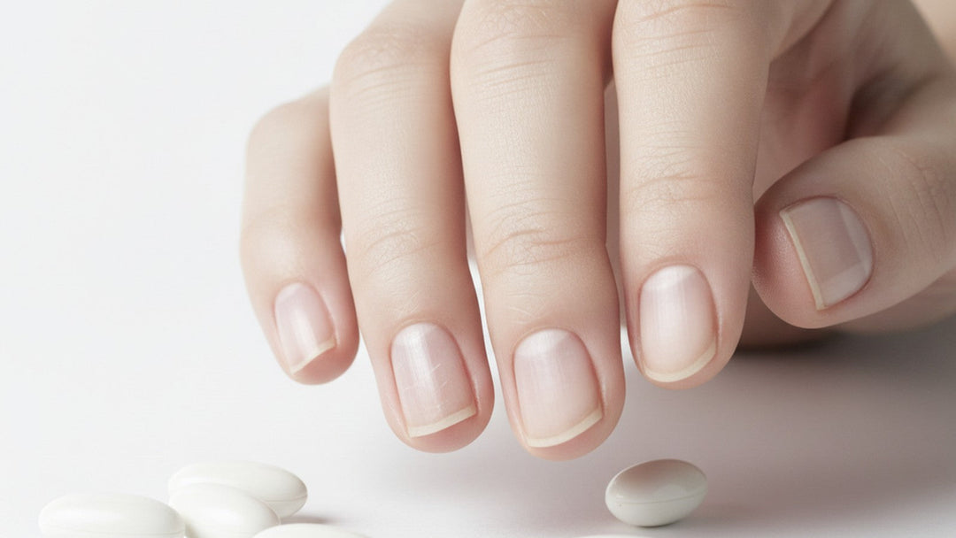 Woman's hand with bare natural nails beside supplement capsules on white background