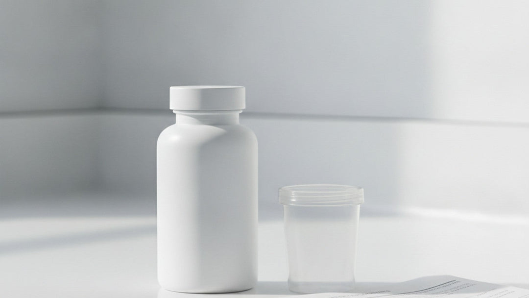 Kidney supplement bottle on lab bench next to unused specimen cup