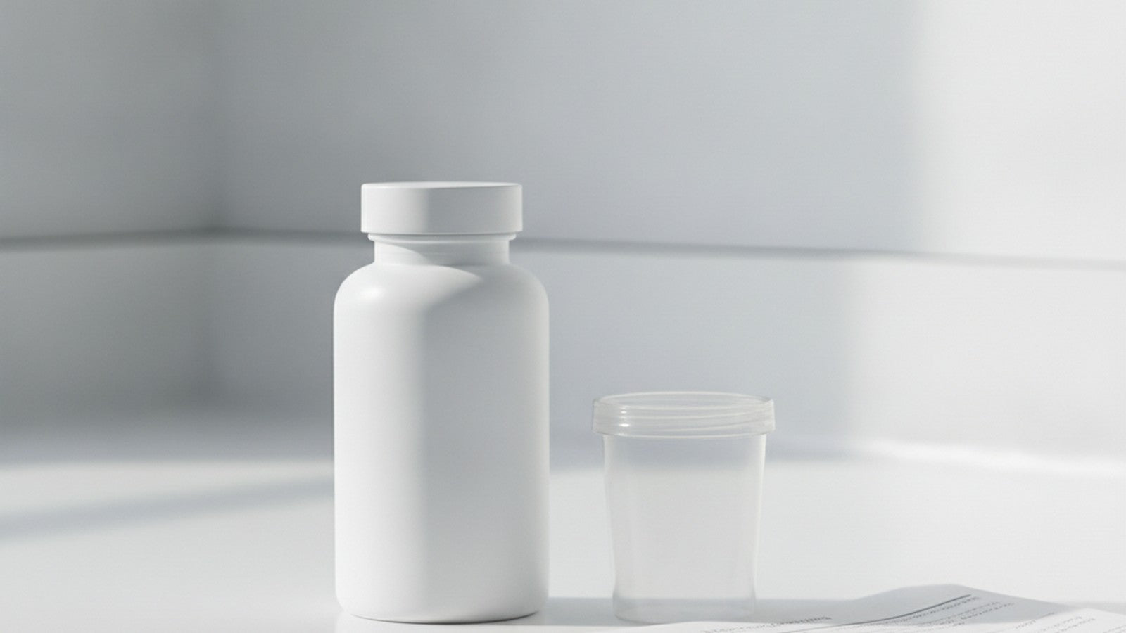 Kidney supplement bottle on lab bench next to unused specimen cup