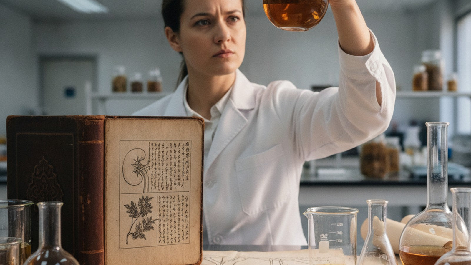 Researcher examining herbal medicine flask in laboratory