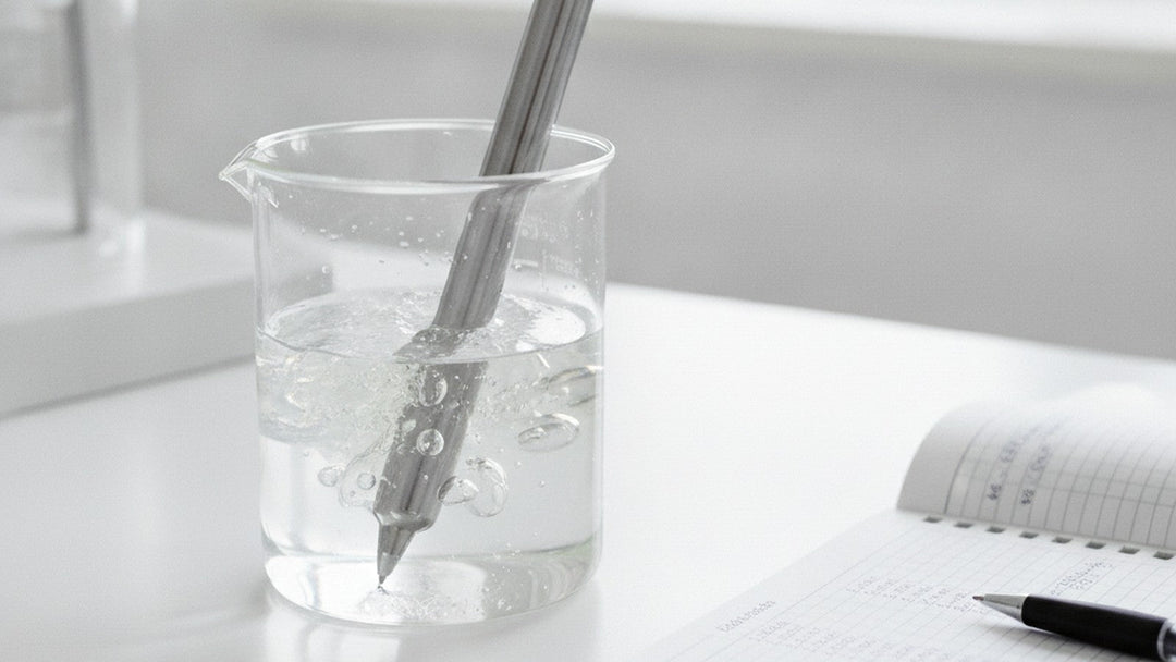 Laboratory beaker containing viscous konjac glucomannan gel with measuring equipment