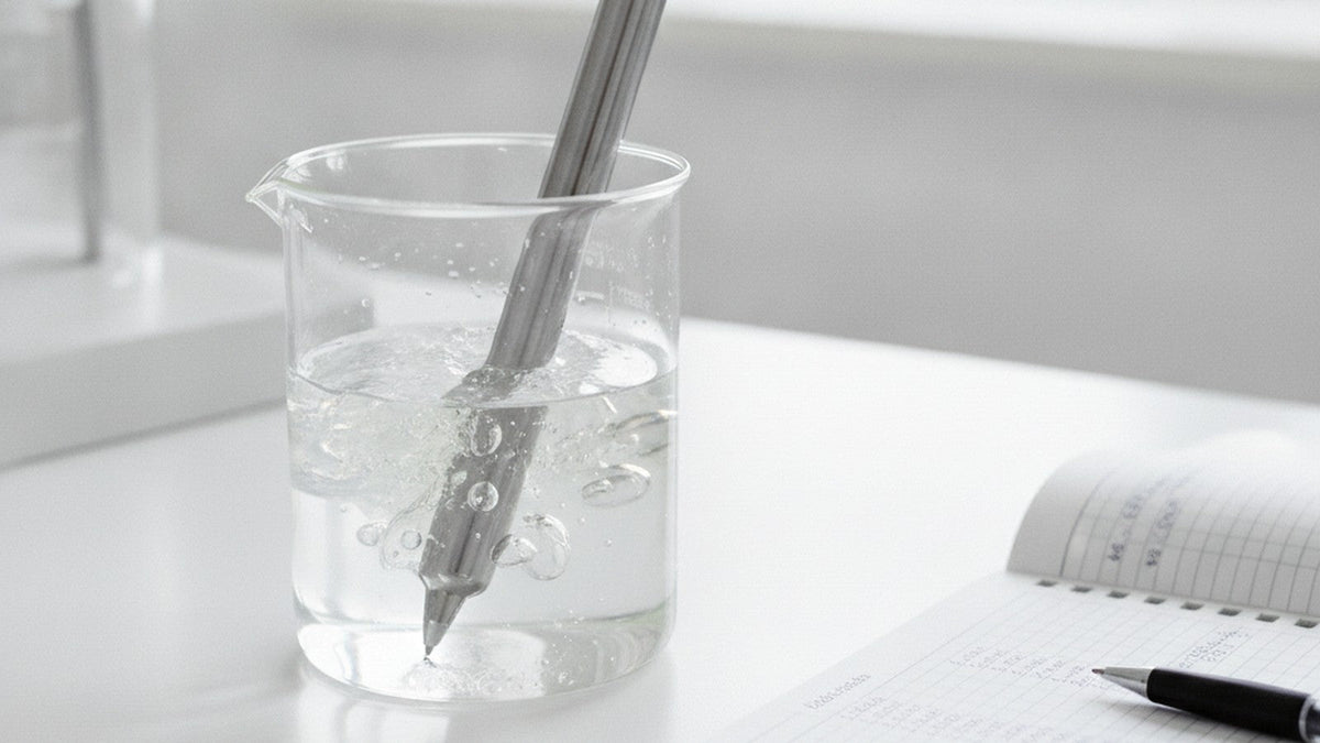 Laboratory beaker containing viscous konjac glucomannan gel with measuring equipment
