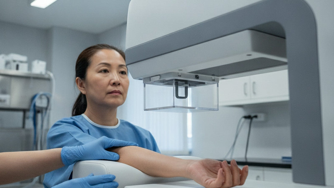 Woman undergoing bone density scan in medical facility