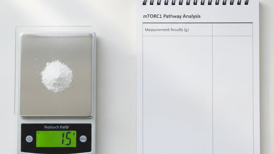 Laboratory scale and leucine powder beside research protocol with empty data column