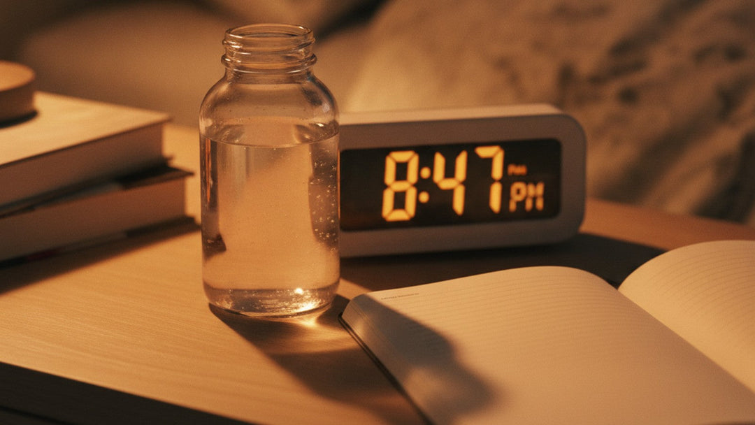 Sodium lactate supplement bottle on bedside table with alarm clock showing evening time