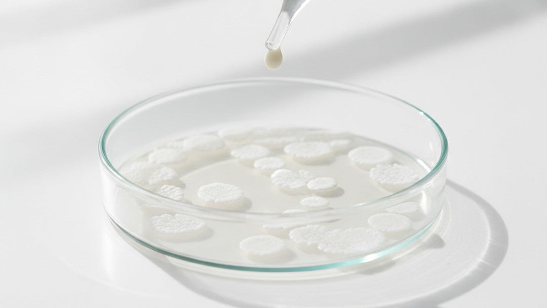 Laboratory petri dish with bacterial colonies and milk droplet on pipette