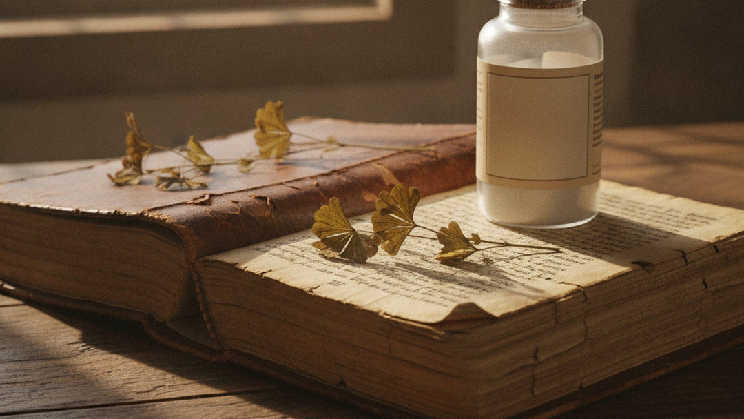 Medieval herbal text with pressed lady's mantle and modern supplement bottle