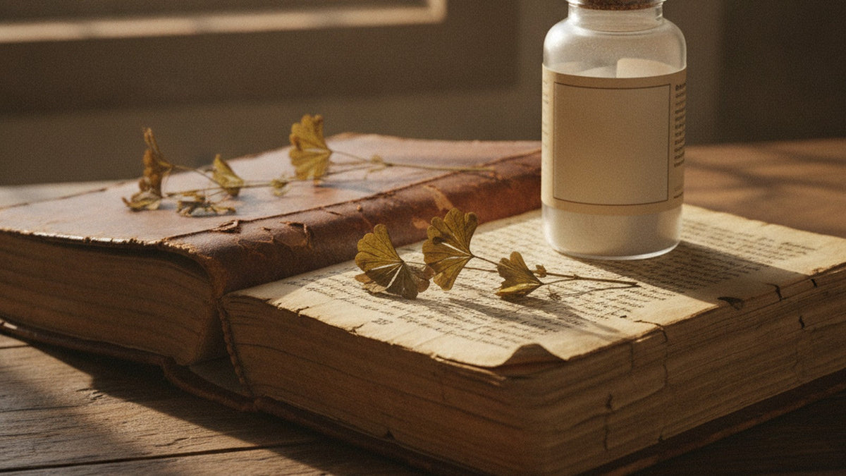 Medieval herbal text with pressed lady's mantle and modern supplement bottle