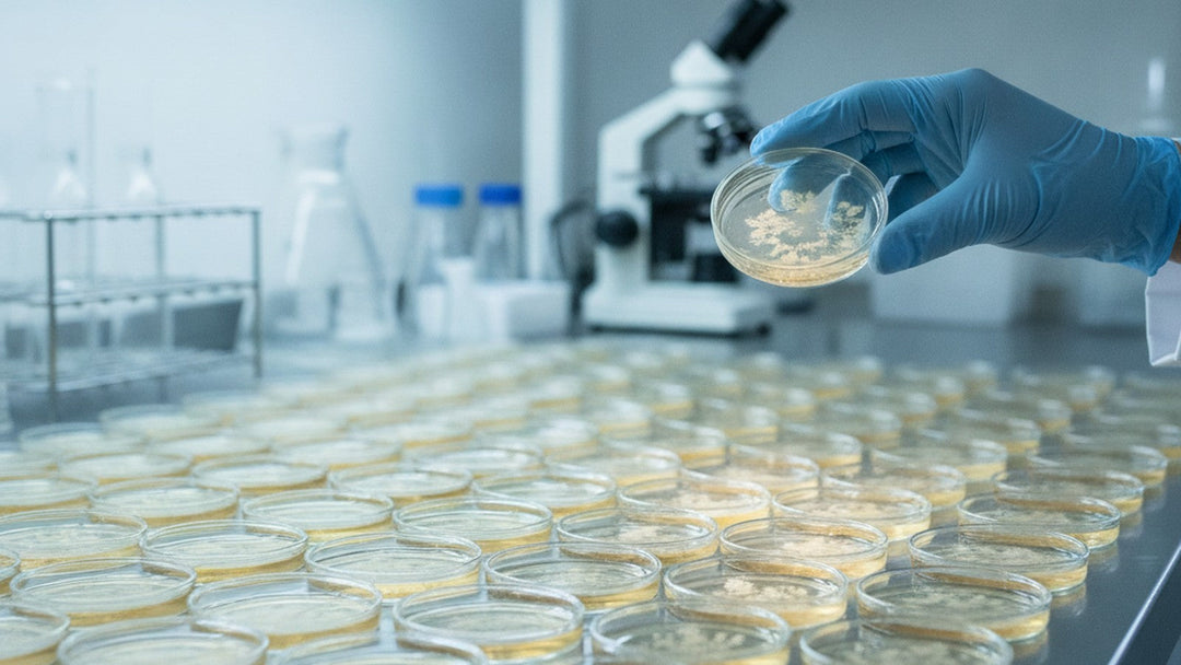 Laboratory petri dishes containing bacterial culture samples on research bench
