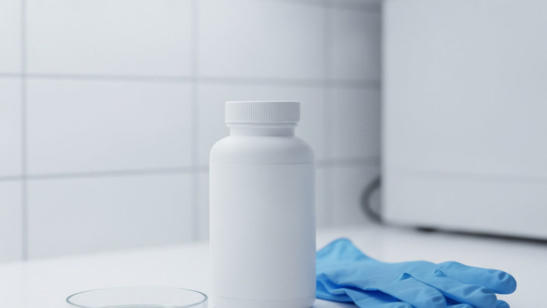 Supplement bottle labeled gut barrier support on laboratory counter with empty petri dish