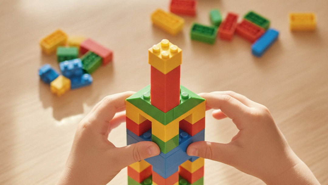 Child's hands building geometric LEGO tower on table with scattered bricks