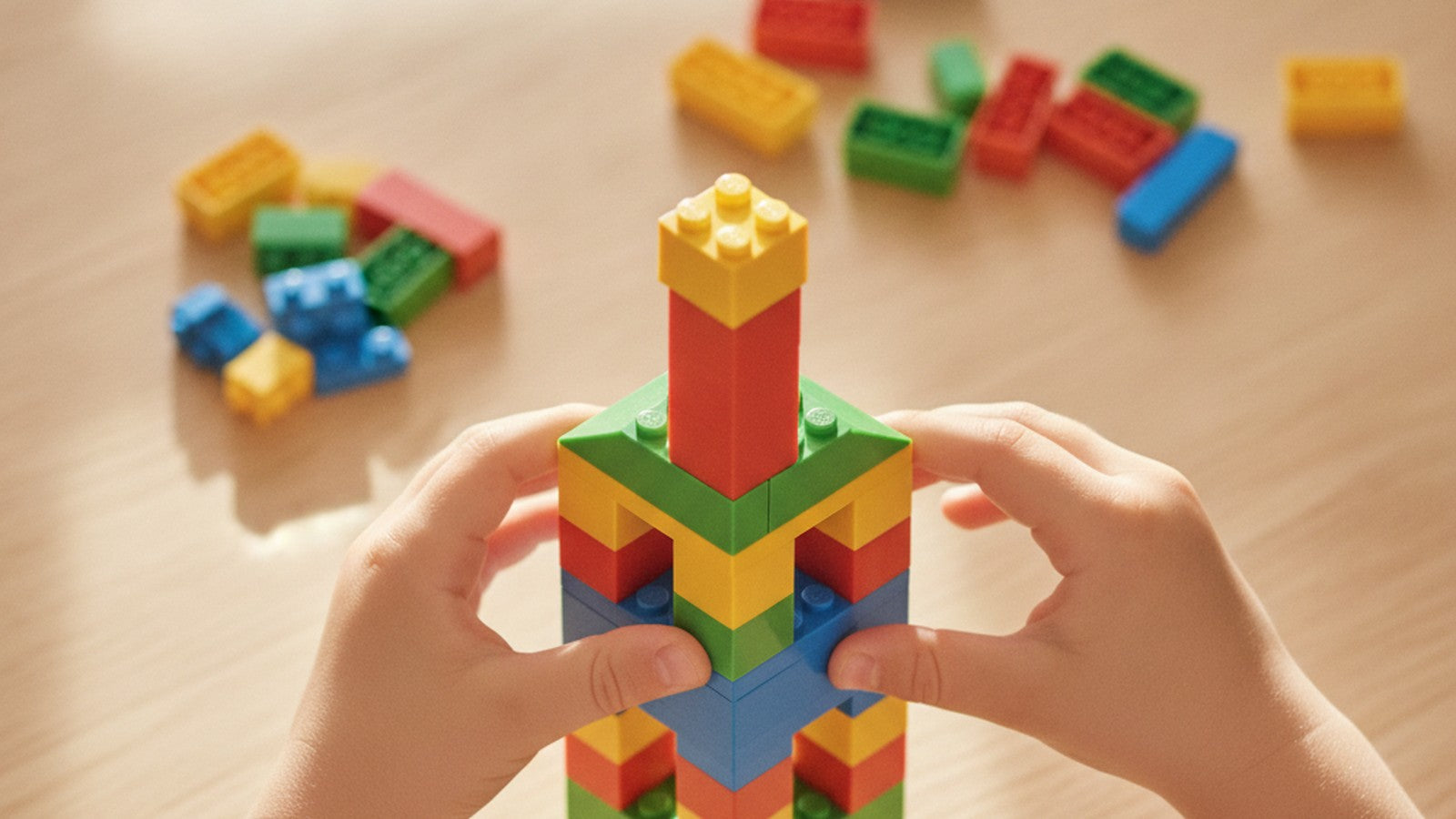 Child's hands building geometric LEGO tower on table with scattered bricks