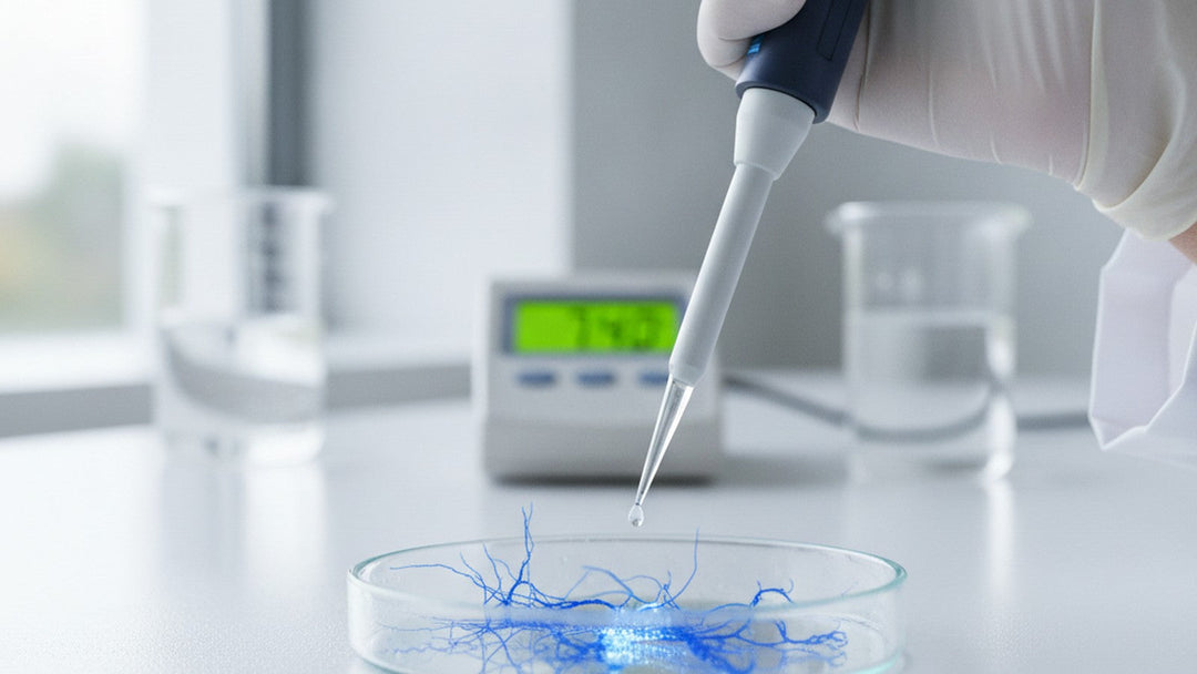 Researcher pipetting solution into neuron culture dish with fluorescent markers