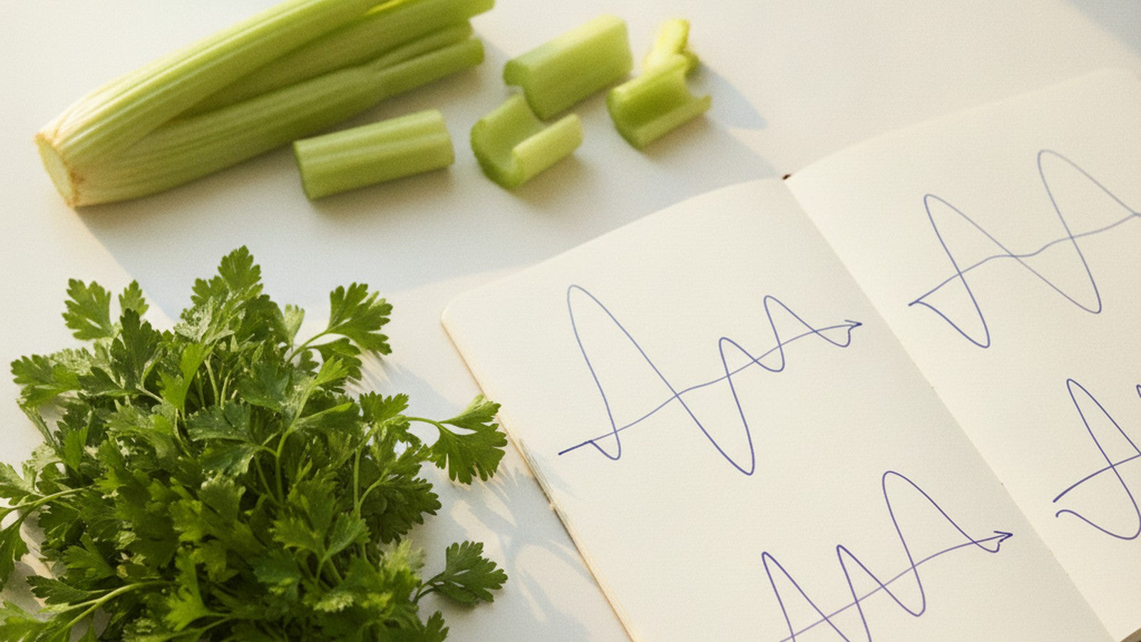 Fresh parsley and celery on lab bench with circadian rhythm notebook