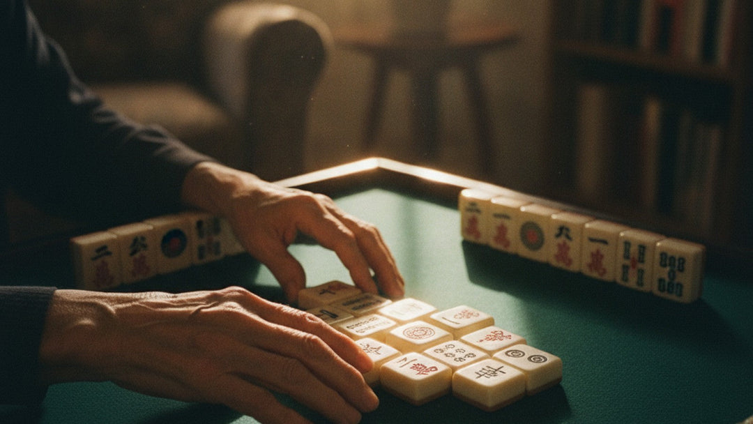 Elderly hands arranging mahjong tiles on green felt table