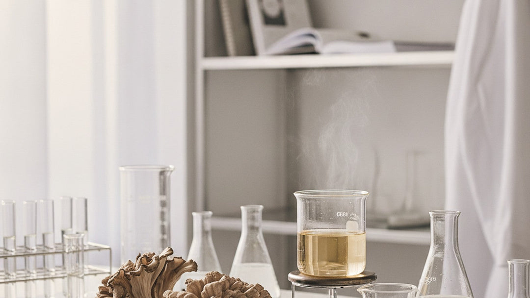Maitake mushrooms and extraction equipment on laboratory bench